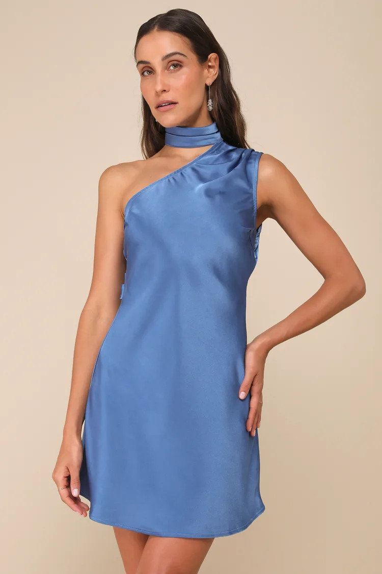 Elevated Mystique Blue Satin One-Shoulder Mini Dress | Lulus