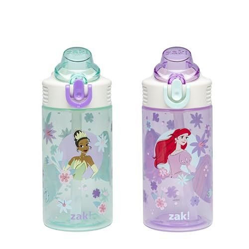 Zak Designs Disney Princess Sage Kids Water Bottle For School or Travel, 16oz Durable Plastic With Straw and Leak-Proof Spout Cover, 2-Pack (Ariel, Cinderella, Jasmine, Moana, Rapunzel, Tiana) | Amazon (US)