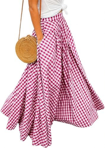 Gingham Skirt Faldas Largas Mujer Womens Long Flowy High Waisted Pleated A-Line Ladies Maxi Boho Beach Hide Tummy Skirts with Pockets S Red | Amazon (US)