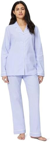 Amazon Essentials Women's Cotton Stretch Poplin Pajama Set, Long Sleeve Button-Down Shirt with Pa... | Amazon (US)
