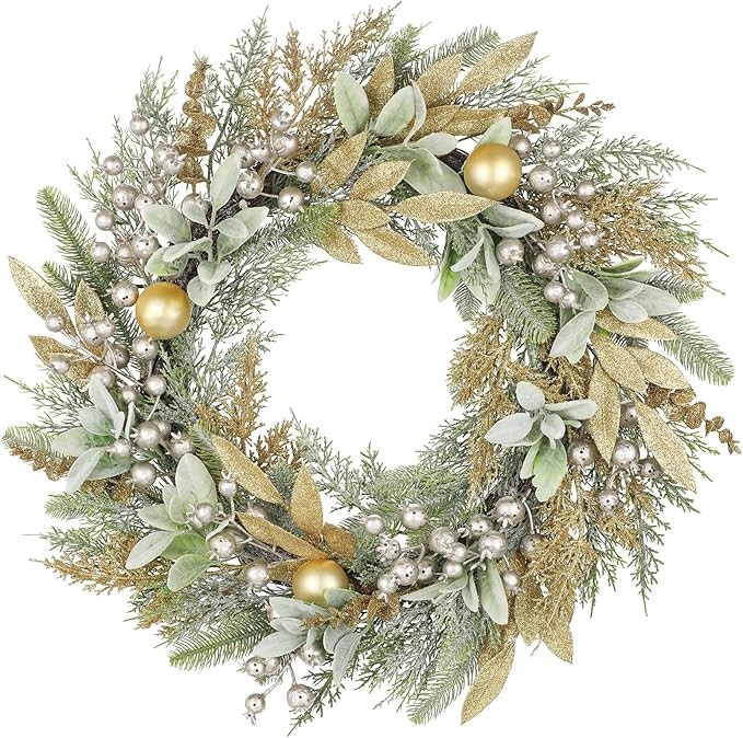 26 Inch Artificial Christmas Wreath for Front Door Christmas Wreath with Pine Needles Berries Gol... | Amazon (US)