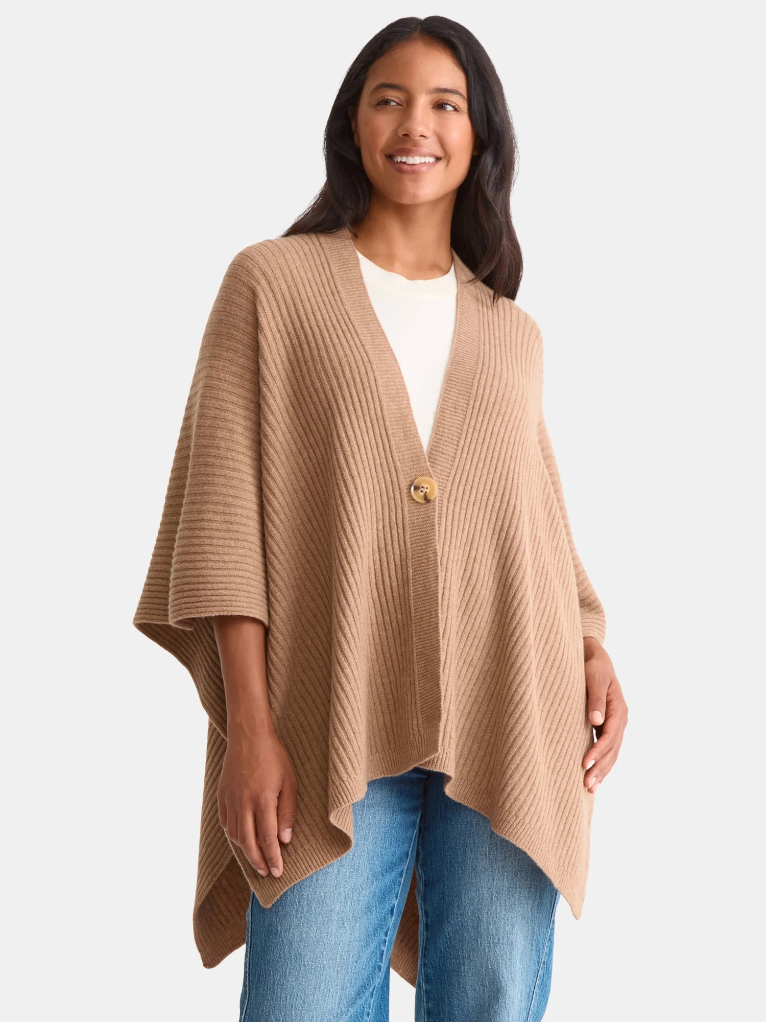 Time and Tru Women's Rib Knit Fashion Coverup with Button, One Size, Tan | Walmart (US)
