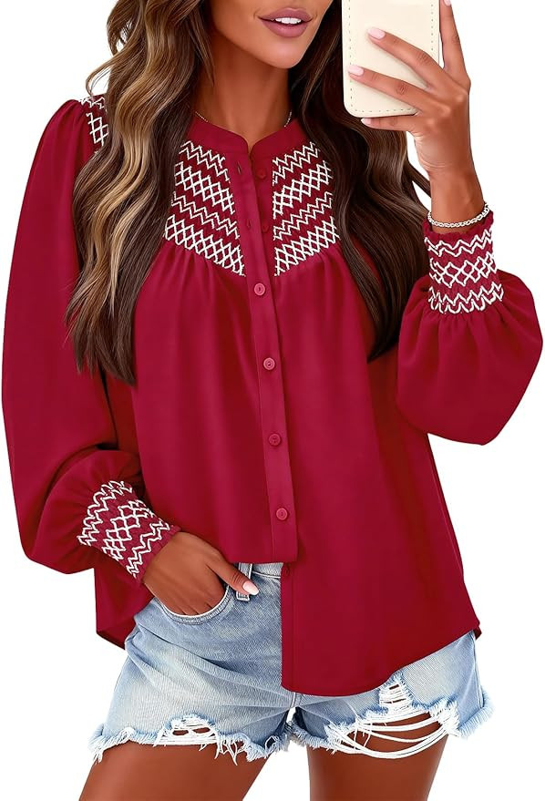 PRETTYGARDEN Long Sleeve Shirts Collarless Button Down Holiday Blouses for Women Dressy Casual Cr... | Amazon (US)
