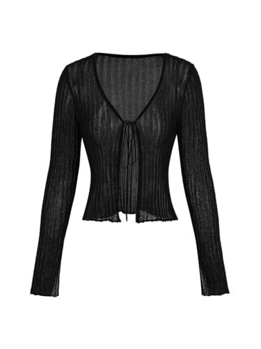 CIDER Cardigans for Women Trendy Bow Tie Front V Neck Long Sleeve Lightweight Shrug Sweater Cardigans Ribbed Knit Crochet Cardigans: Black, S | Amazon (US)