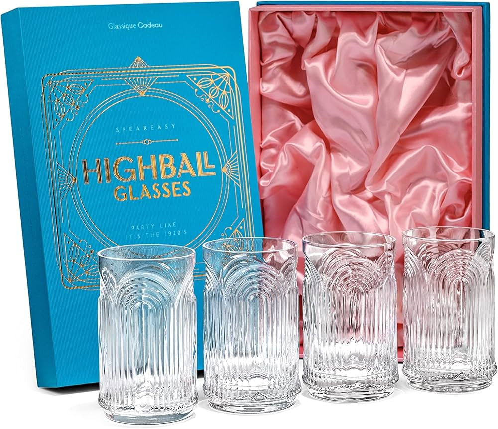 Vintage Art Deco 1920s Highball Cocktail Glasses | Set of 4 | 14 oz Tall Crystal Tumblers for Dri... | Amazon (US)