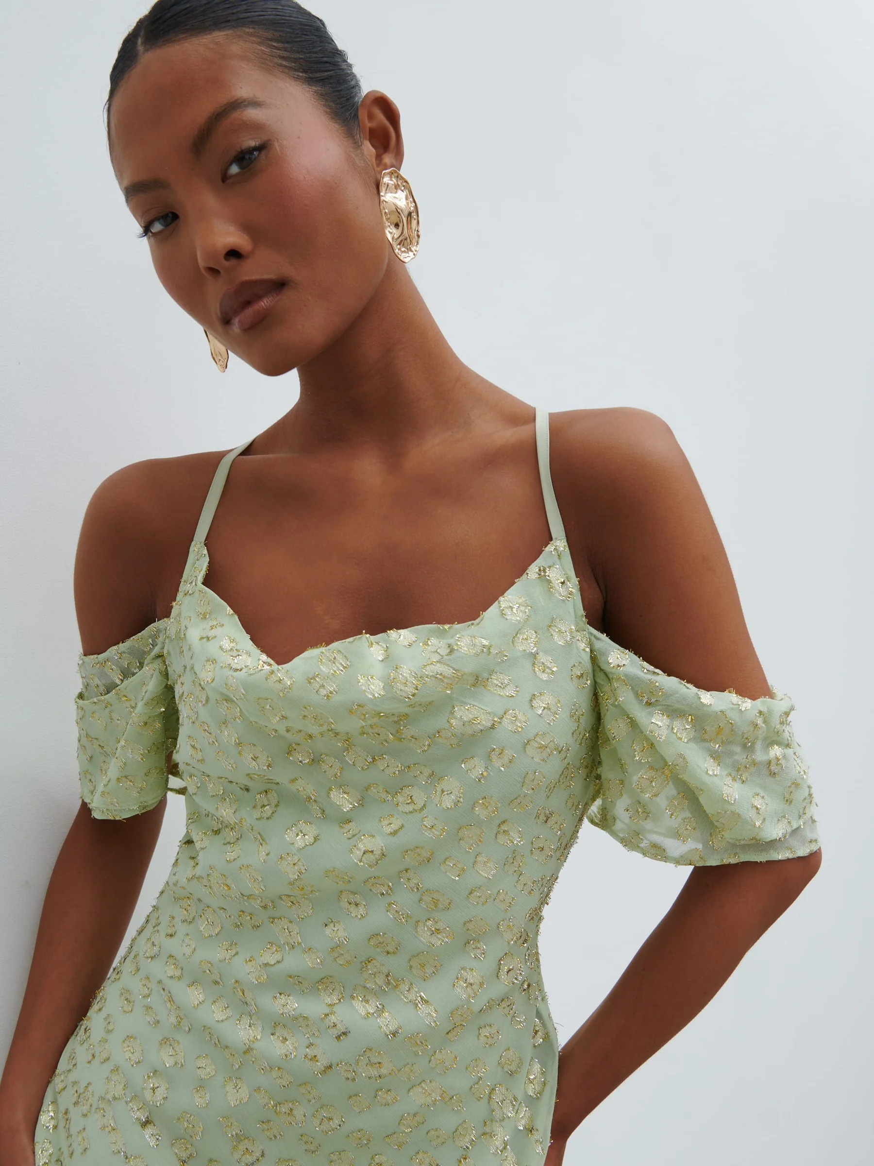 Nia Draped Cold Shoulder Maxi Dress - Pistachio Metallic | Pretty Lavish (UK)
