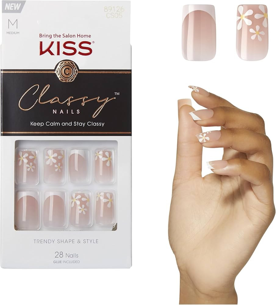KISS Classy, Press On Nails, Nail glue included, 'Stay Charmed', White, Medium Size, Square Shape... | Amazon (US)