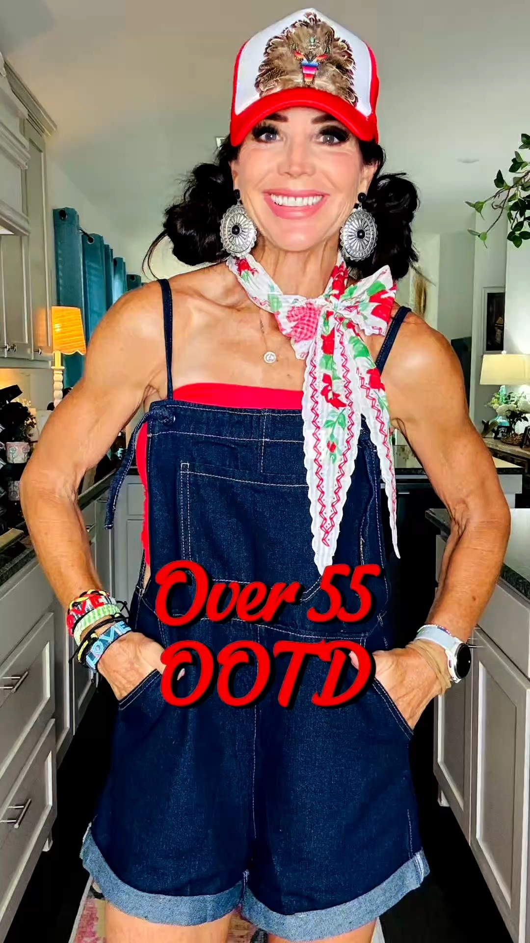 Over 55 summer style for hot weather!  You don’t have to sacrifice style!  My tube top is athletic wear!! Lightweight breezy scarves and accessories are a must!! DIY feather trucker tops it off!

#LTKActive #LTKOver40 #LTKootd