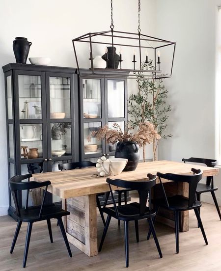 Dining room 
Reclaimed wood dining table 
Black dining table 
Chandelier 
Glass cabinet 
Black vase

#LTKhome #LTKunder50 #LTKunder100