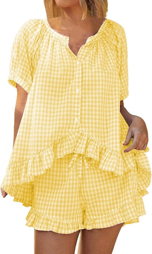 Womens 2 Piece Pajama Set Gingham Pjs Short Sleeve Button Down Ruffle Shirt and Shorts Pants Y2K ... | Amazon (US)