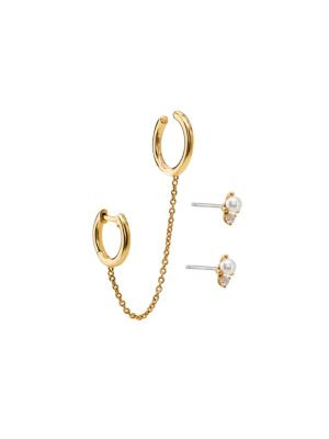 Ajoa by Nadri 3-Piece 18K Goldplated, 3MM Faux Pearl &amp; Cubic Zirconia Cuff &amp; Stud Earring... | Saks Fifth Avenue OFF 5TH
