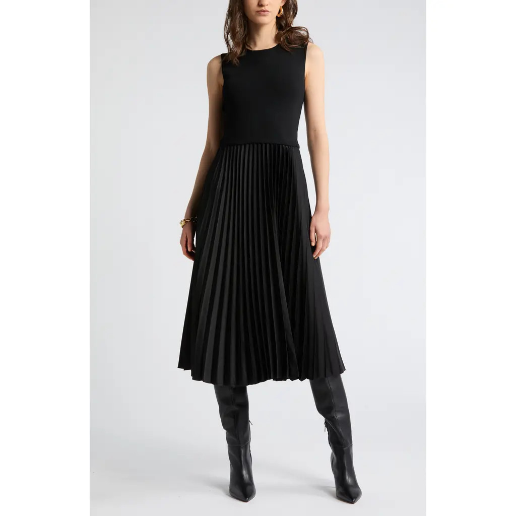 Nordstrom Pleated Mixed Media Midi Dress in Black at Nordstrom, Size X-Large | Nordstrom