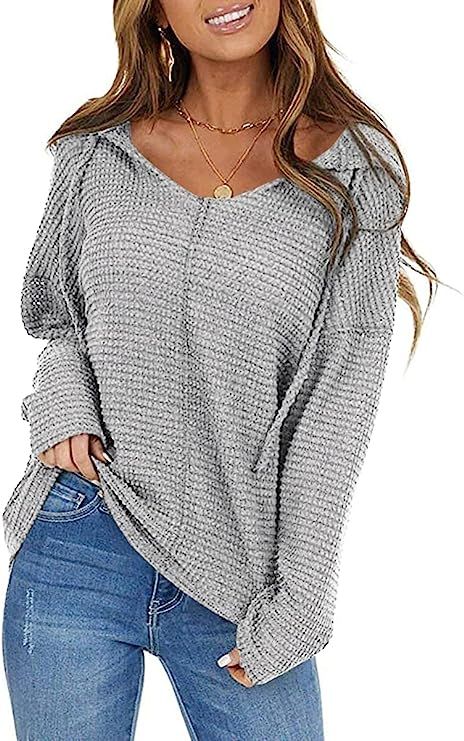 Niceyi Women's Loose Casual Long Sleeve Waffle Knit Sweatershirt Tops with Drawstring Hood Sweate... | Amazon (US)