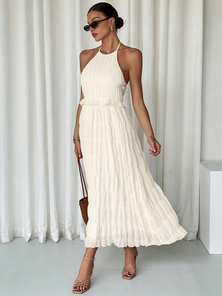 Siren Gaze 2025 Boho Summer Dress | Cream Textured Halter Neck Backless Maxi With Adjustable Tie & Lined A-Line Dress – Resort Casual Beachwear | SHEIN