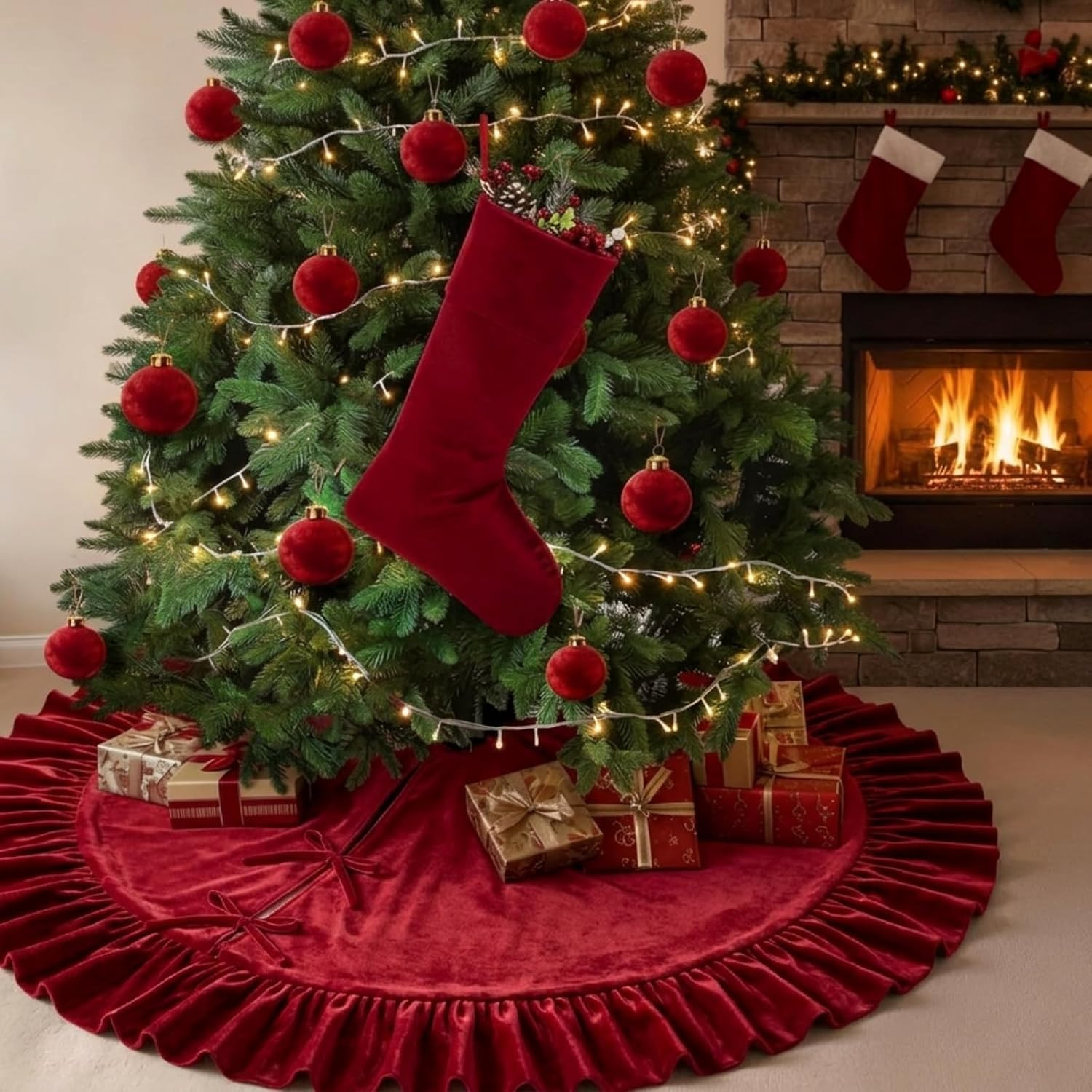 Realspring Christmas Tree Skirt with Stocking, Velvet, Ruffles, Wine Red | Amazon (US)