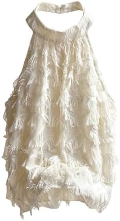 SHENHE Women's Fuzzy Fringe Halter Top High Neck Flowy Elegant Dressy Going Out Party Shirt | Amazon (US)