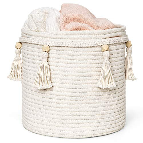 Mkono Macrame Decorative Cotton Rope Basket Boho Cute Woven Tassel Closet Storage Bins Organizer for Nursery,Baby Toys,Magazines, Potted Plants Cover,Living Room,Bedroom,Home Decor 11"x11",Small | Amazon (US)