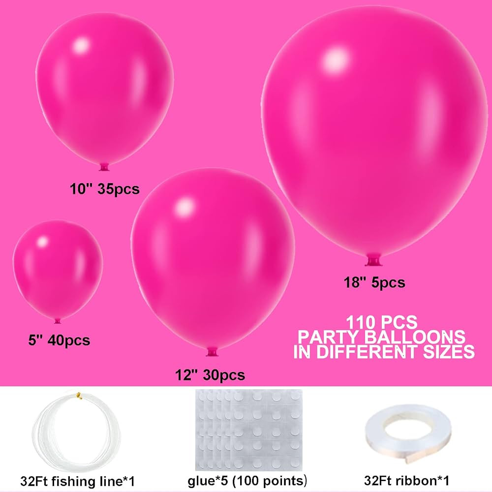 Hot Pink Balloons 110Pcs Hot Pink Balloon Garland Arch Kit 5/10/12/18 Inch Matte Latex Hot Magent... | Amazon (US)