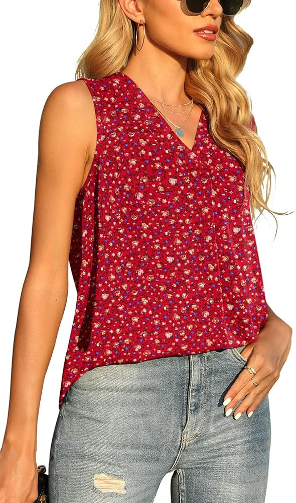 QUEZHU Womens Summer Sleeveless Chiffon Tank Tops Blouse Loose Casual V Neck Blouses Shirt | Amazon (US)