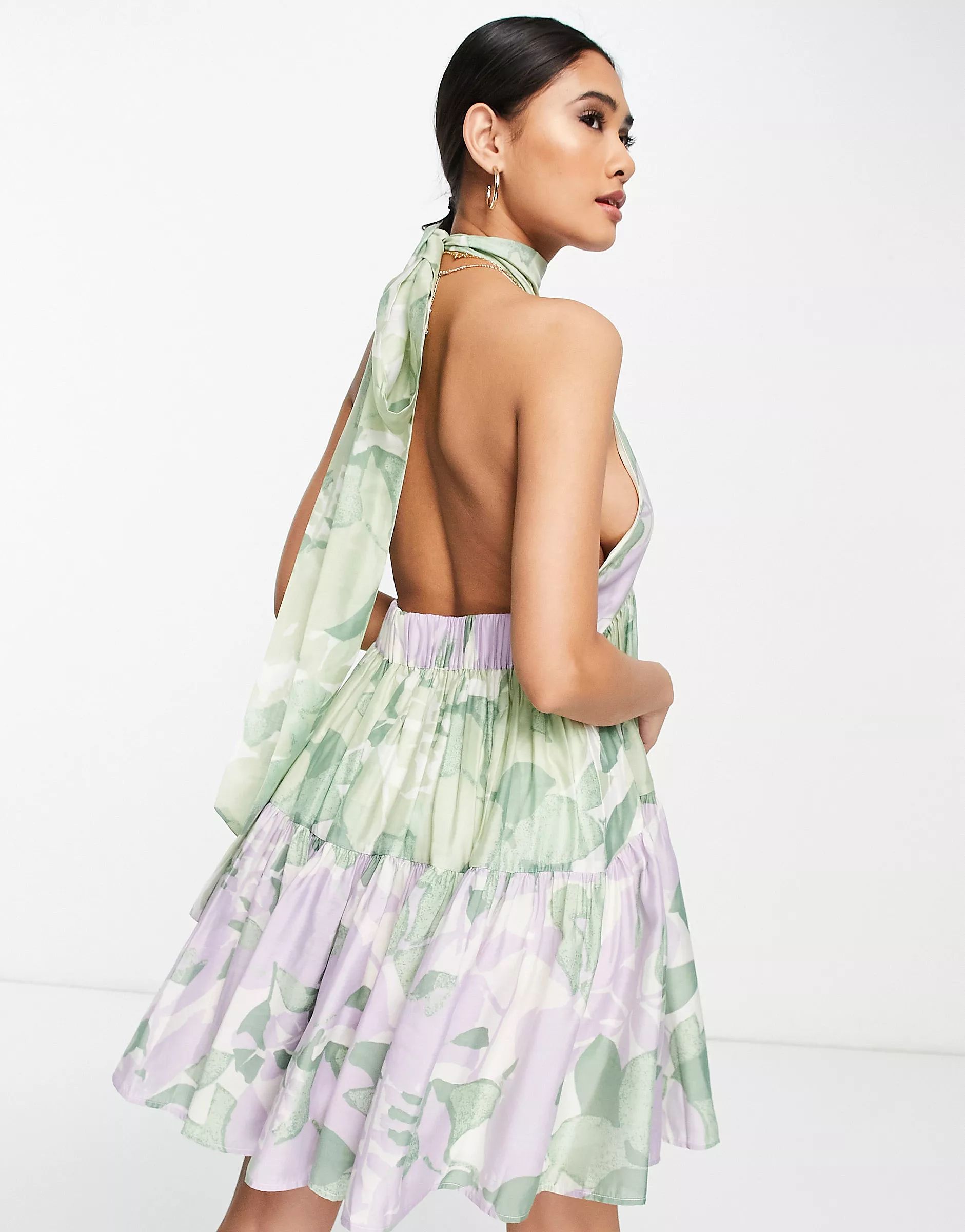 ASOS DESIGN halter tiered voile mini dress with tie back detail in mixed print | ASOS (Global)