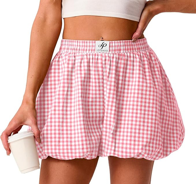 Lepunuo Bubble Boxer Shorts for Women Summer Gingham Pajamas Plaid Shorts Y2K Beach Vacation Bott... | Amazon (US)