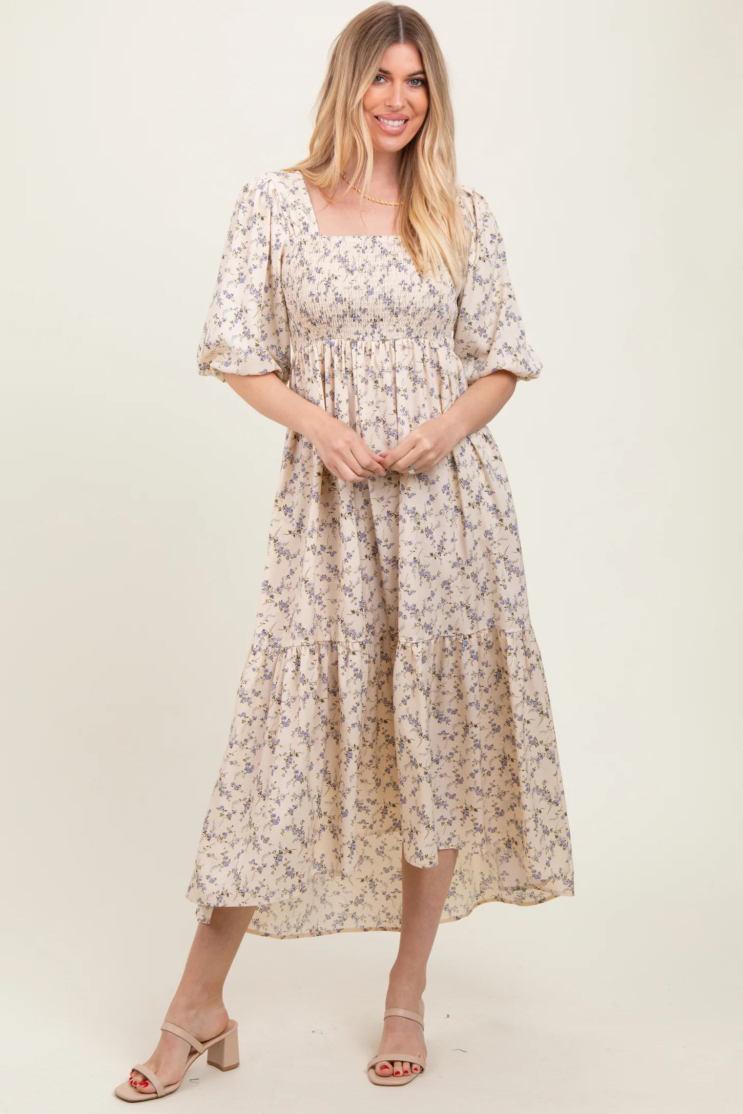 Ivory Floral Smocked Hi-Low Puff Sleeve Maxi Dress | PinkBlush Maternity
