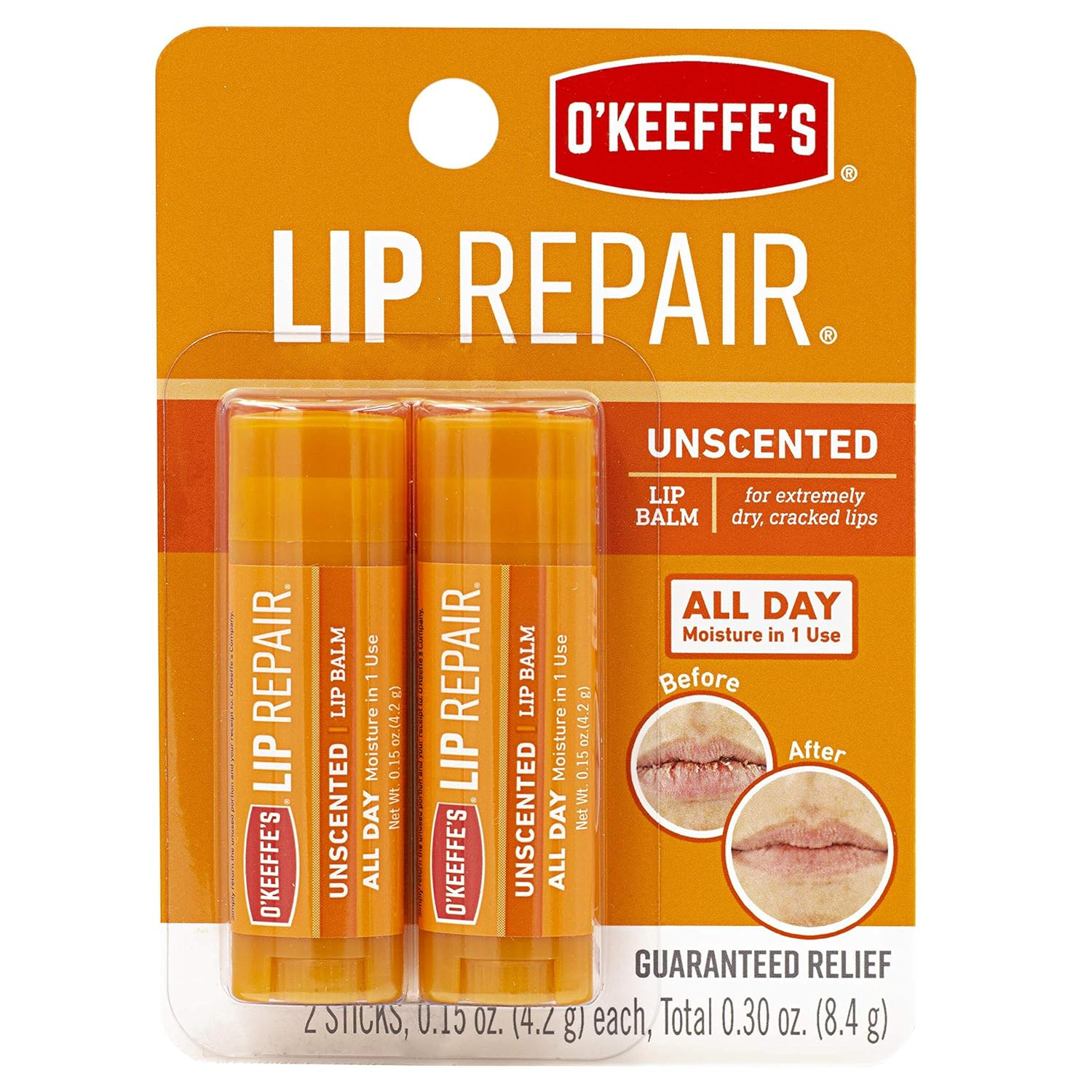 O'Keeffe's Unscented Lip Repair Lip Balm for Dry, Cracked Lips, Stick, Twin Pack | Amazon (US)