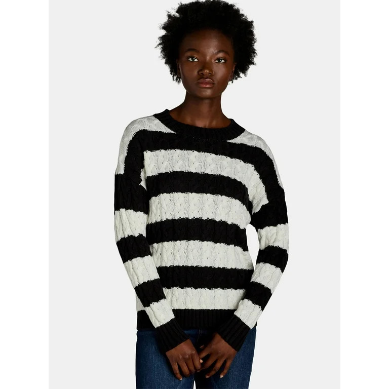 Time and Tru Women's and Women's Plus Stripe Crew Neck Pullover Sweater, Sizes XS-4X | Walmart (US)