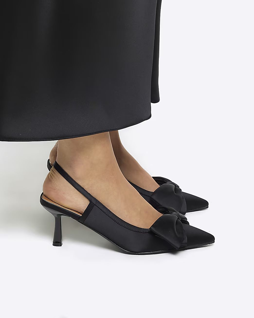 Black bow sling back heeled court shoes | River Island (UK & IE)