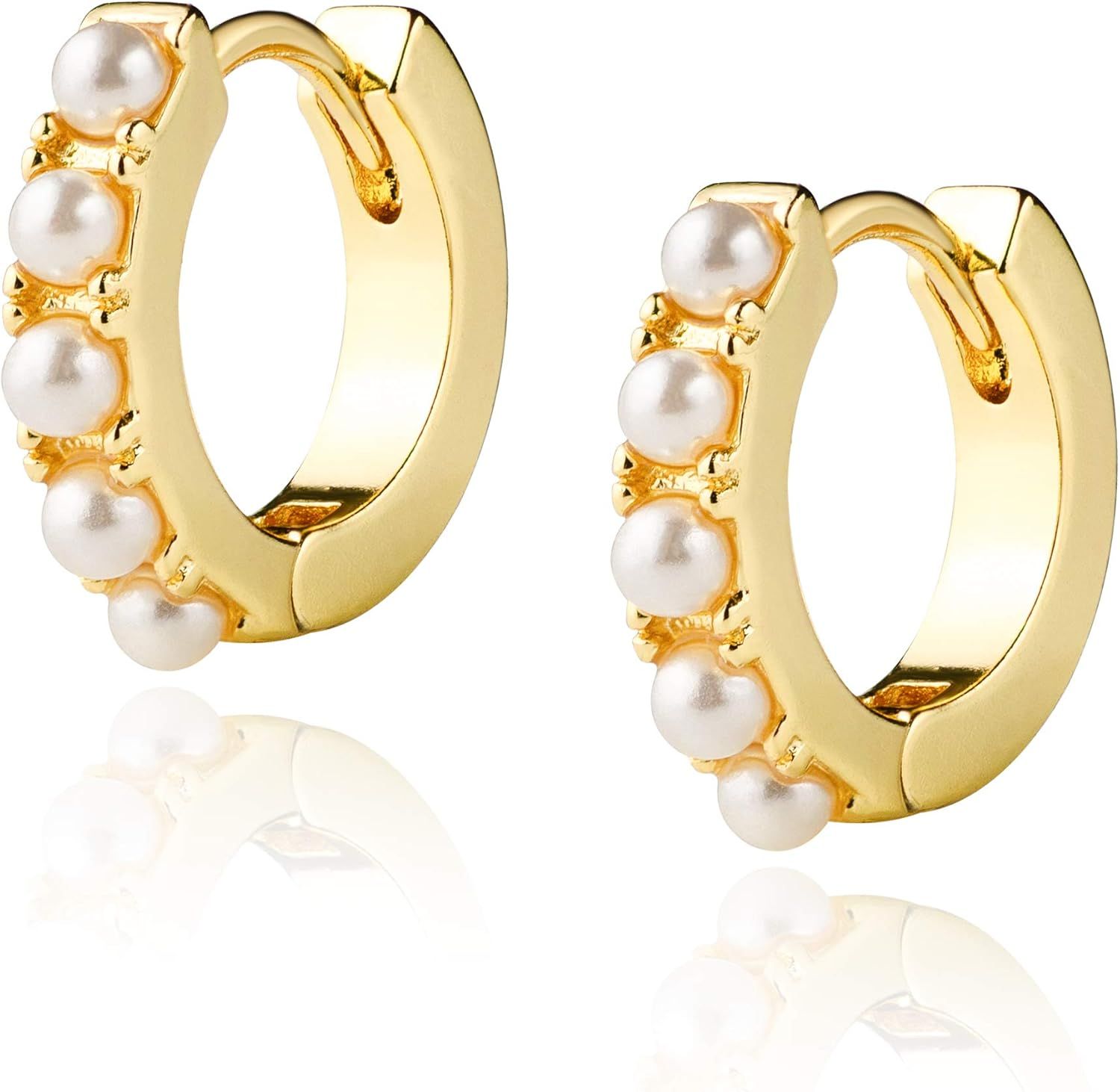LAVLA Small Pearl Hoop Earrings - 14k Gold Plated Cz Baquette Huggie Earrings For Women Teen Girl... | Amazon (US)