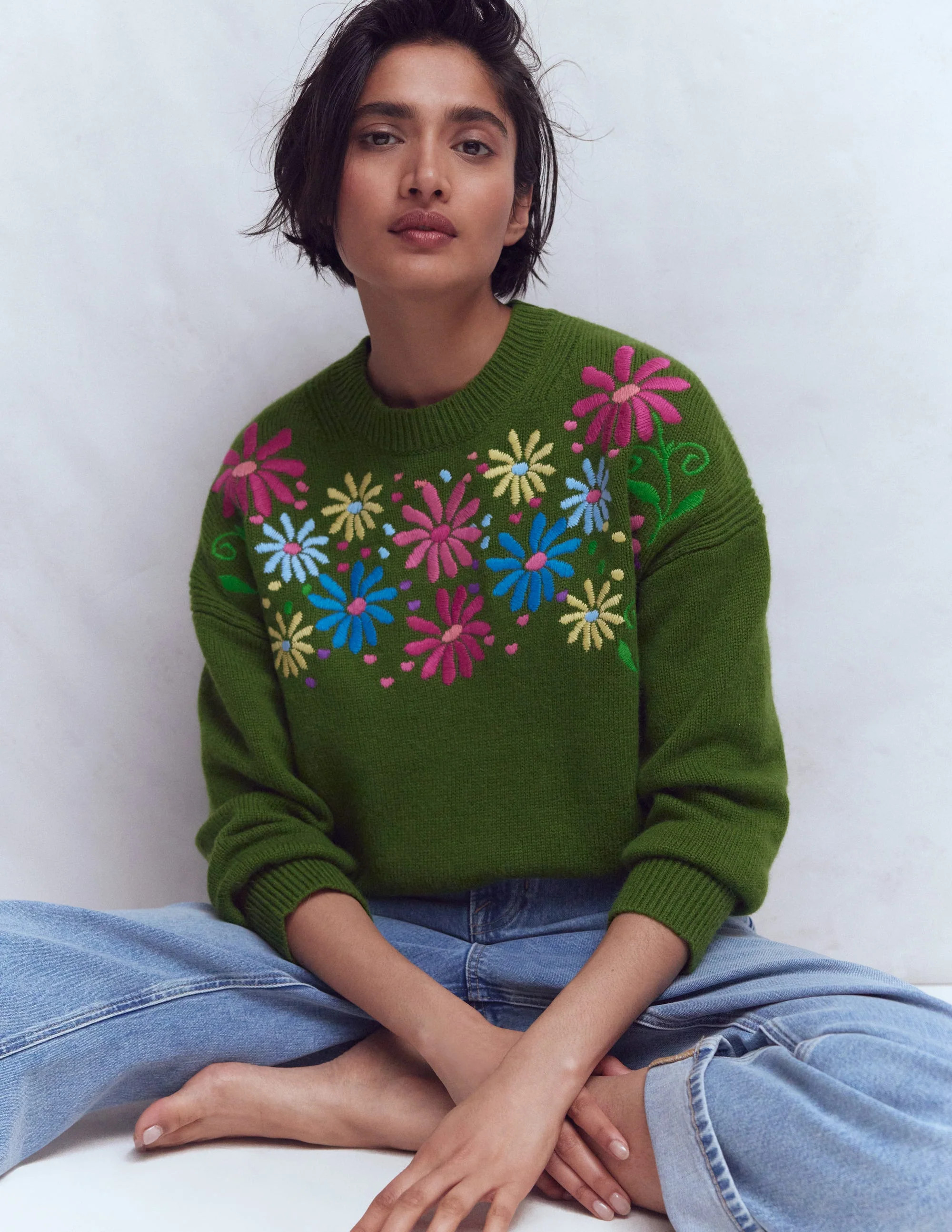 Isa Embroidered Sweater-Herb Garden, Green Flowers | Boden (US)