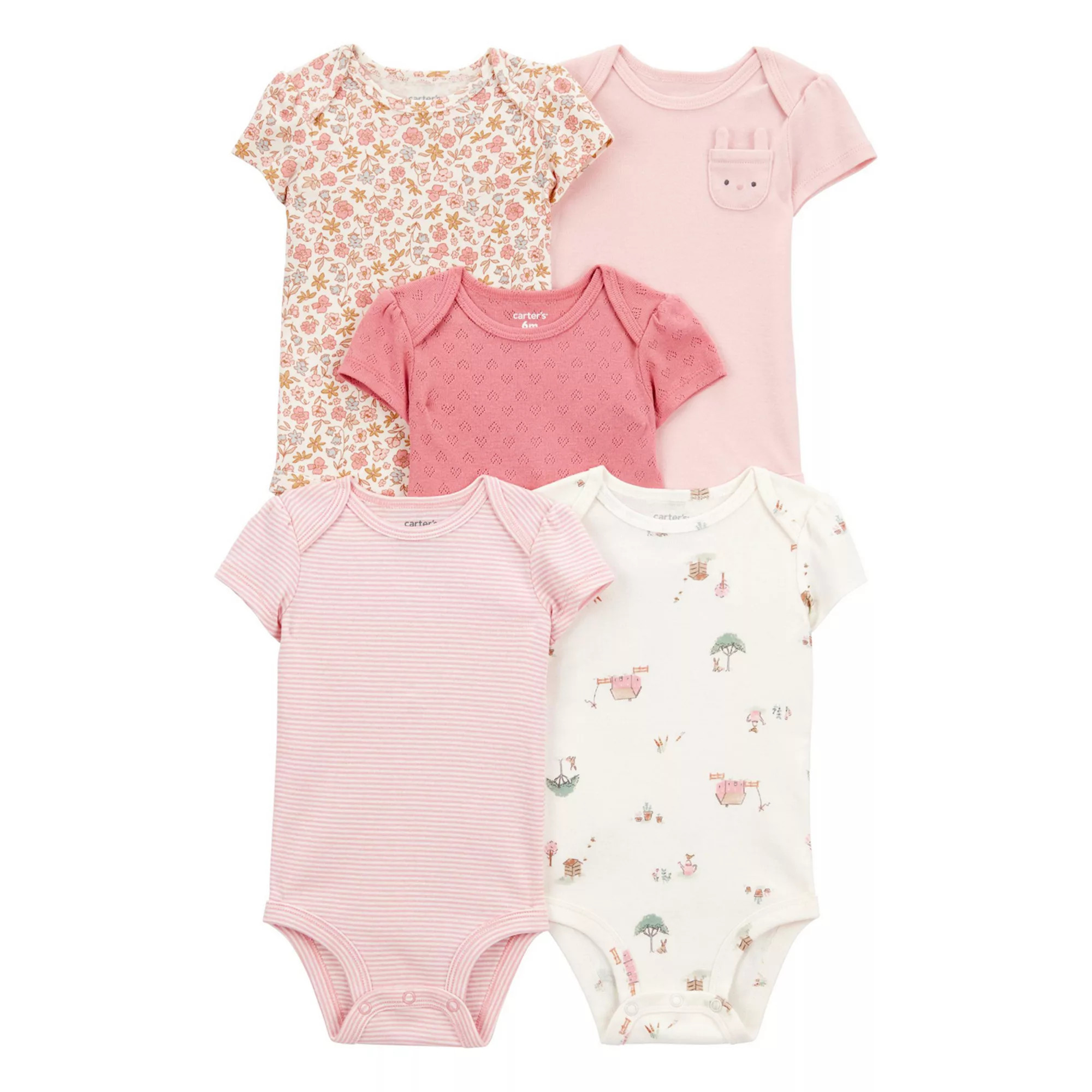 Baby Girl Carter's 5-pk. Floral Bunny Short Sleeve Bodysuit Set | Kohl's