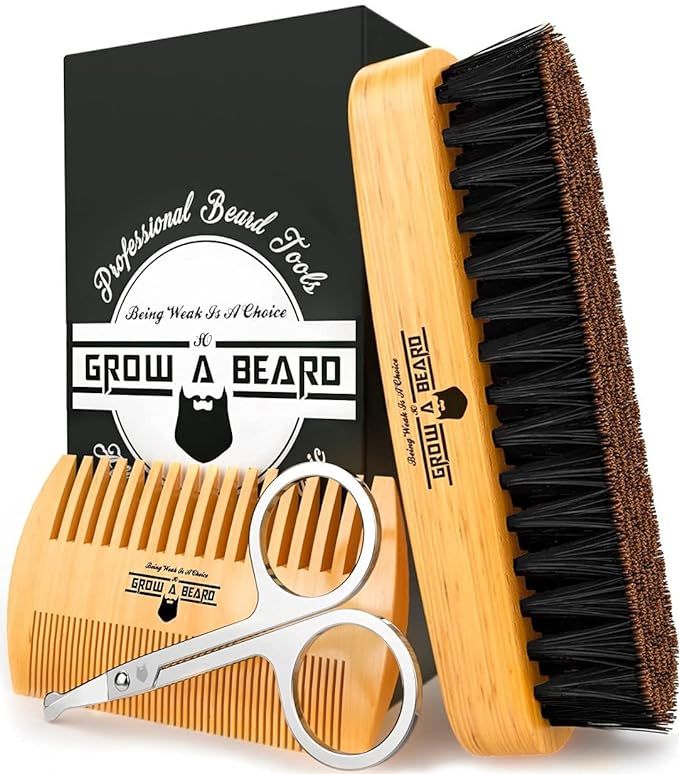 Beard Brush for Men & Beard Comb Set w/ Mustache Scissors Grooming Kit, Natural Boar Bristle Brus... | Amazon (US)