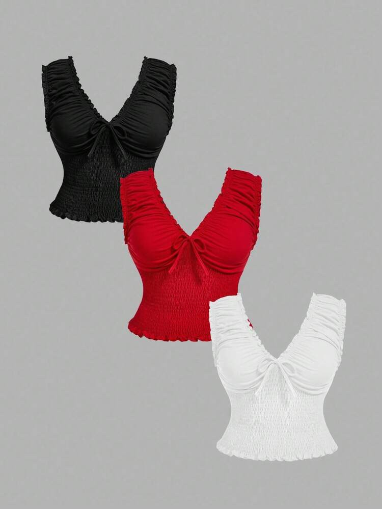 SHEIN MOD Plus Size Women Bow Decor Camisole, Red, White, Black V-Neck Top Women Top Ruffle Top Bow Top Ruched Top,Plus Size Retro Shirred Style Cropped Tank Top For Teens. Women Casual Tops | SHEIN