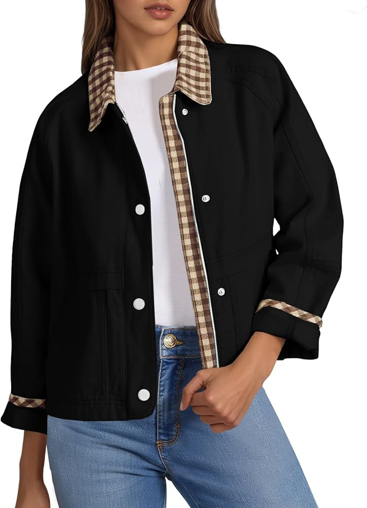 Tankaneo Womens Cropped Jacket Lightweight Casual Zip Up Barn Jackets Fall Contrast Plaid Outerwe... | Amazon (US)