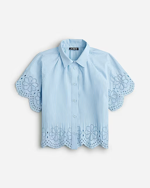 Pleated eyelet-trim shirt in cotton poplin | J. Crew US
