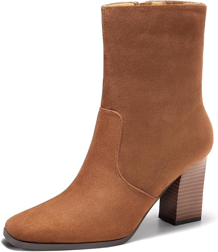 Coutgo Womens Chunky Block Heel Ankle Boots Square Toe Side Zipper Booties Faux Suede Fall Dress ... | Amazon (US)