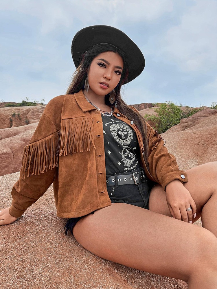 Plus Western Fringe Trim Drop Shoulder Suedette Jacket | SHEIN
