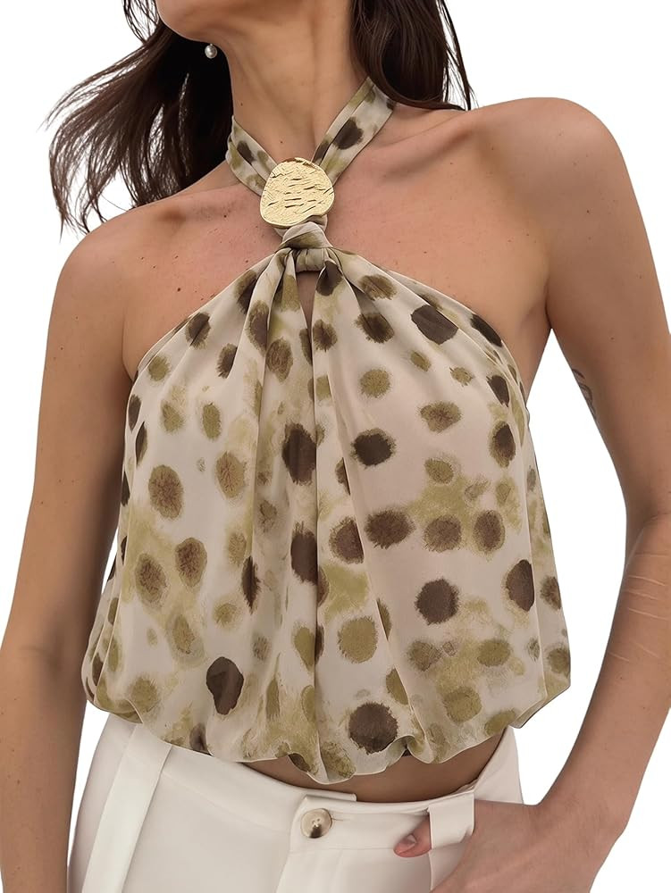 MakeMeChic Women's Polka Dots Halter Crop Tops Open Back Going Out Top | Amazon (US)