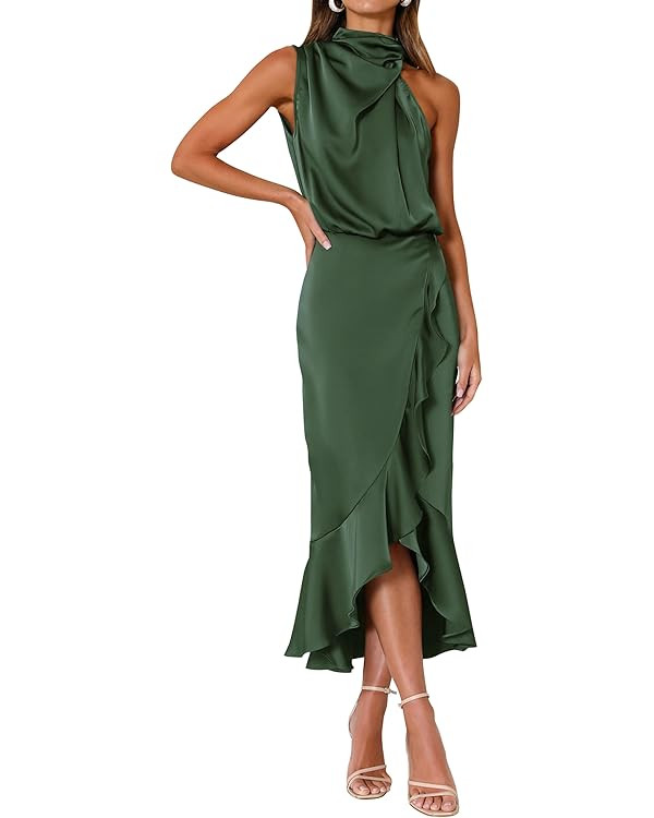 KIRUNDO Women 2026 Spring Summer Satin Mock Neck Wedding Guest Party Cocktail Midi Dress Sleevele... | Amazon (US)
