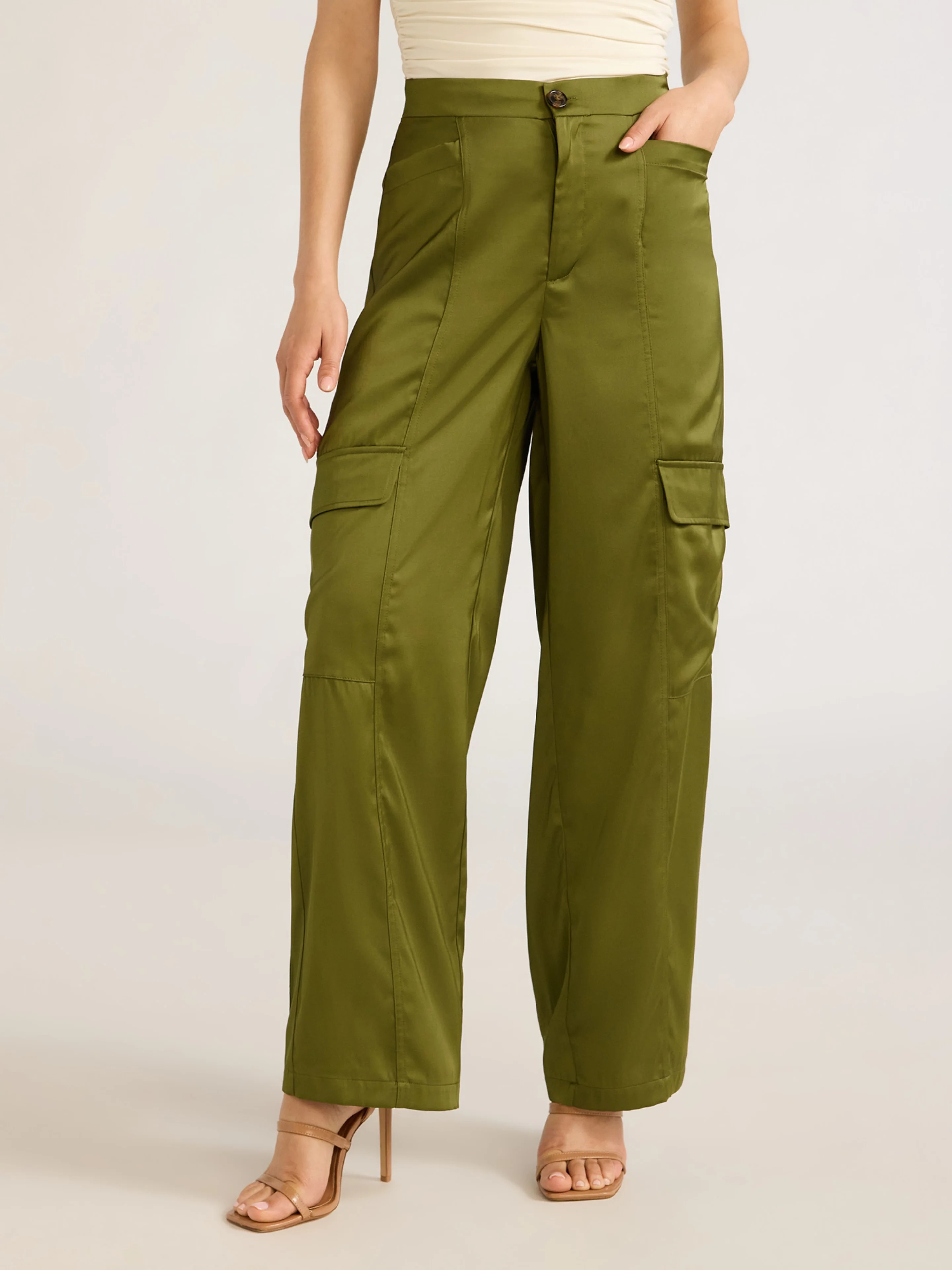 Sofia Jeans Women's Cargo Wide Leg High Rise Satin Pants, 30" Inseam, Sizes XS-XXL | Walmart (US)