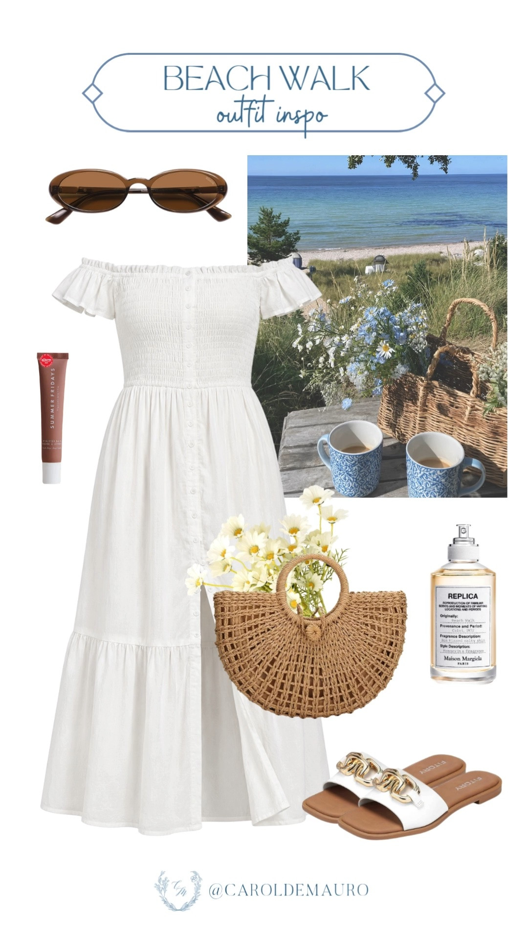 summer outfit, white tiered dress, maison margiela, replica, beach walk, perfume favorite, summer slides, woven handbag, oval sunglasses, tinted lip oil, petite fashion, style inspo, amazon fashion

#LTKootd #LTKPetite #LTKU