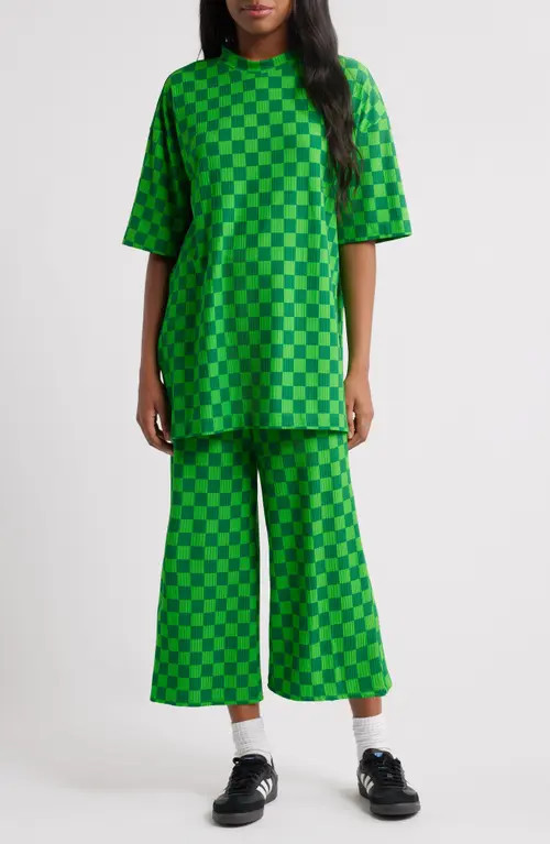Dressed in Lala Lex Ribbed Oversize T-Shirt & High Waist Crop Pants Set in Lucky Green Check at Nordstrom, Size X-Large | Nordstrom