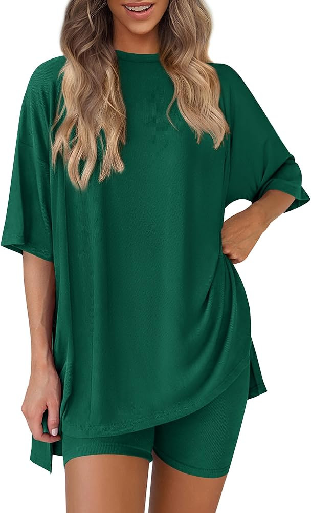 PRETTYGARDEN Women 2 Piece Lounge Set 2026 Summer Casual Oversized Shirts Biker Shorts Matching A... | Amazon (US)