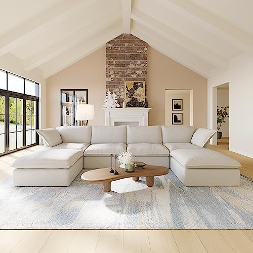 WJShome Cloud Modular Sectional Sofa with Storage Ottoman,165.2" Down Filled Comfort U Shaped Sofa Couch for Living Room,Minimalist Wide Deep Seat Convertible Couches (4 Seater and 2 Ottoman,Beige) | Amazon (US)