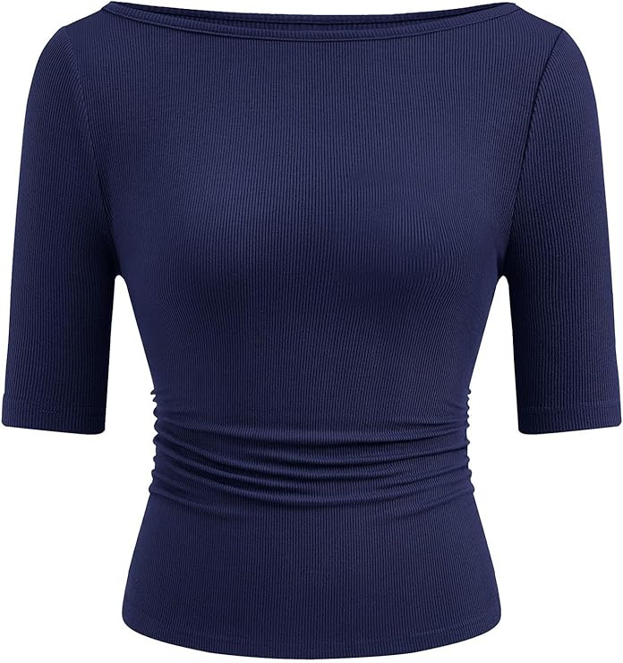 PRETTYGARDEN Womens Summer Short Sleeve Tops Boat Neck Ribbed Knit Slim Fit T Shirt Casual Basic ... | Amazon (US)