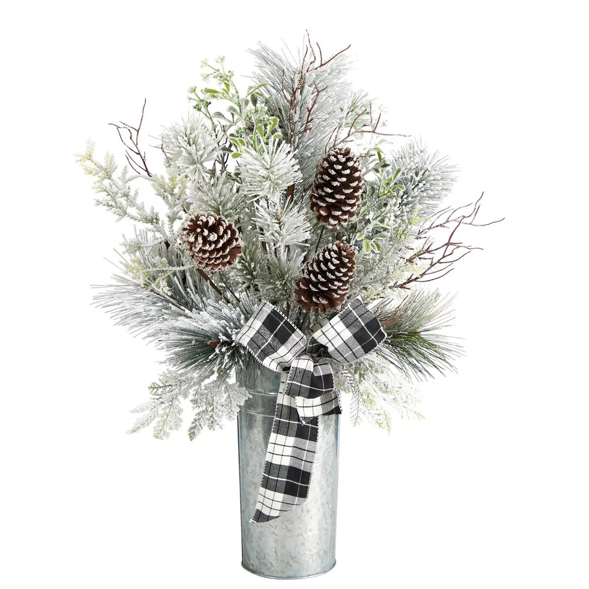 Nearly Natural 28-in Frosted Greenery and Pinecone with Plaid Bow Artificial Christmas Arrangemen... | Target