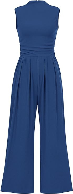 PRETTYGARDEN Womens Summer One Piece Sleeveless Mock Neck Wide Leg Pants Rompers With Pockets | Amazon (US)