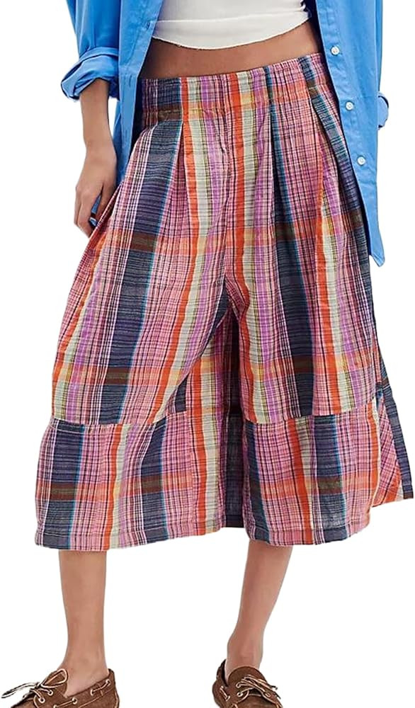 Womens Summer Boho Wide Leg Culotte Pants Casual Elastic Waisted Palazzo Trousers Colorful Plaid ... | Amazon (US)
