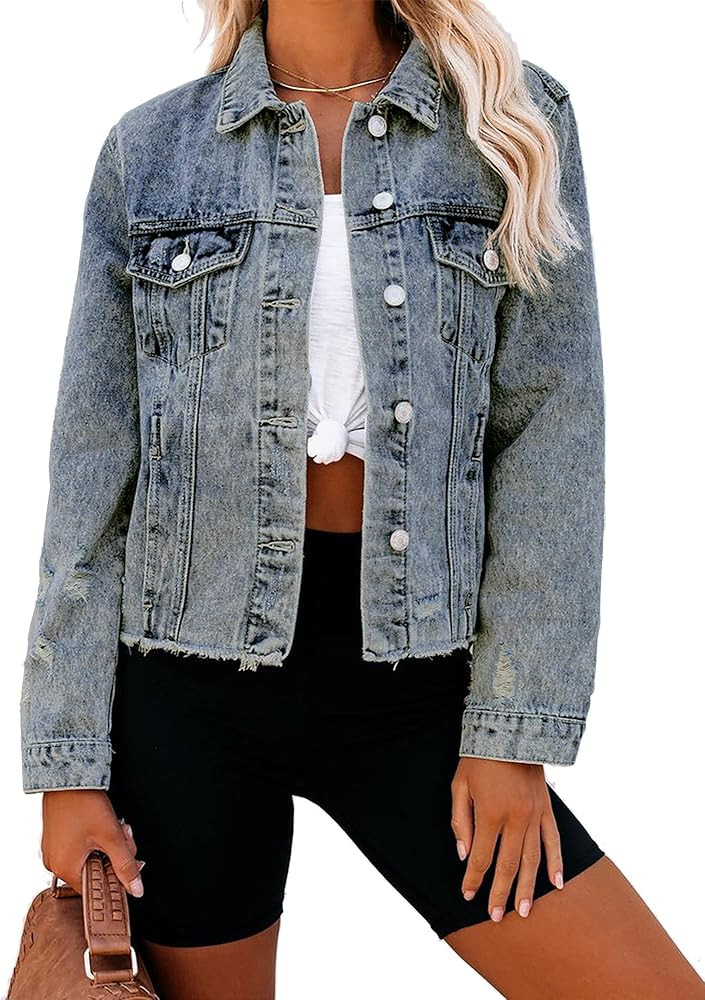 luvamia Women's Basic Button Down Stretch Fitted Long Sleeves Denim Jean Jacket | Amazon (US)